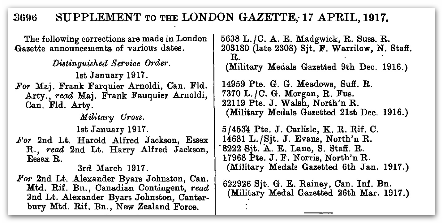 London Gazette A B Johnston Mlitary Cross award London Gazette A B Johnston Mlitary Cross award